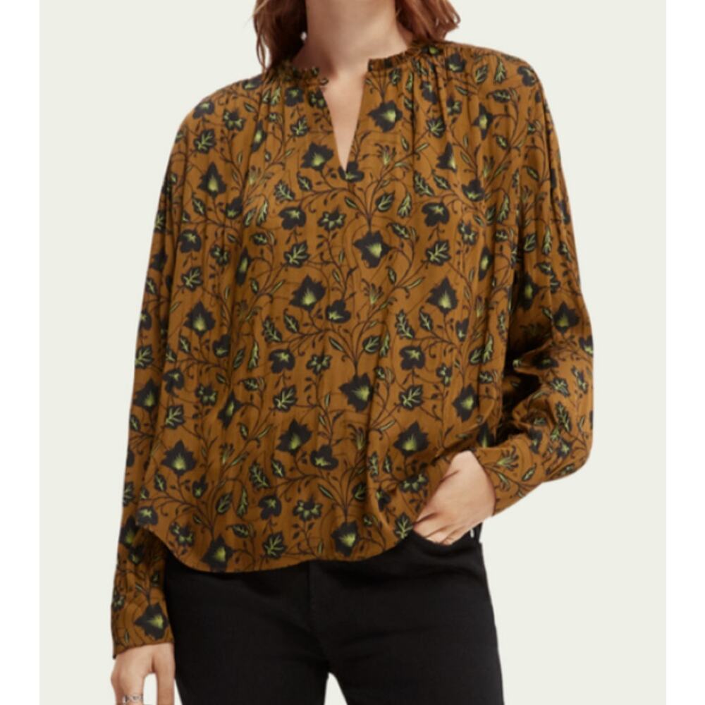 Scotch & Soda Mustard Floral V-Neck Peasant Blouse
